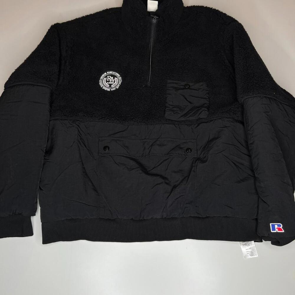 Russell Athletic Sherpa Fleece Pullover Black 1/4‎ Zip Quilted Pockets Men’s L